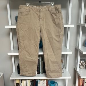 Tan Eddie Bauer LegendWash Stretch cropped pants, 14 Petite. For curvy figures.